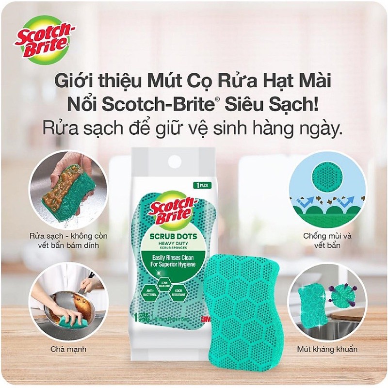 SCOTCH-BRITE™ MIẾNG CỌ RỬA HẠT MÀI NỔI CÓ MÚT SIÊU SẠCH ( Bịch 2 miếng)
