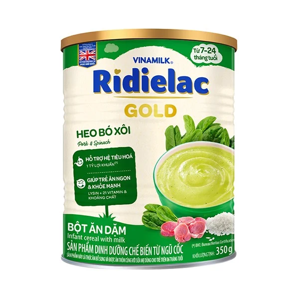 Bột ăn dặm ridielac gold heo bó xôi - hộp thiếc 350g