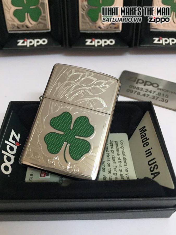 Bật lửa zippo 24699 - Bật lửa zippo Four Leaf Clover High Polish Chrome