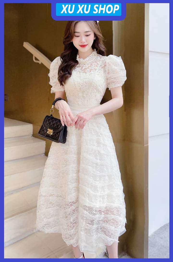 Váy ren công chúa xòe bồng màu kem - XU XU SHOP - Đầm nữ đi ăn cưới, dự tiệc siêu xinh, có lót trong không lộ - ẢNH THẬT