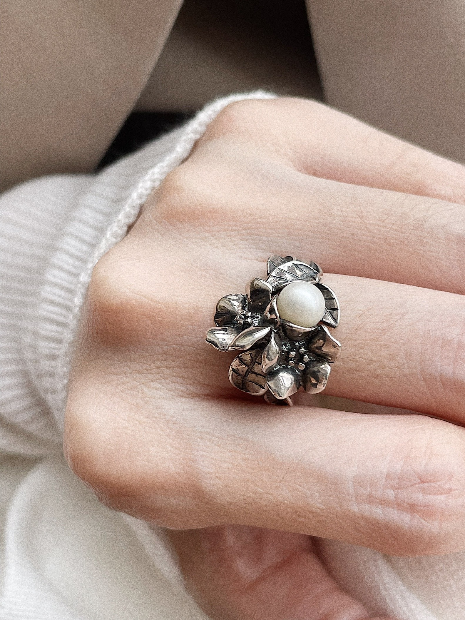 Trollbeads Nhẫn Bạc cao cấp - Hawthorn with pearl