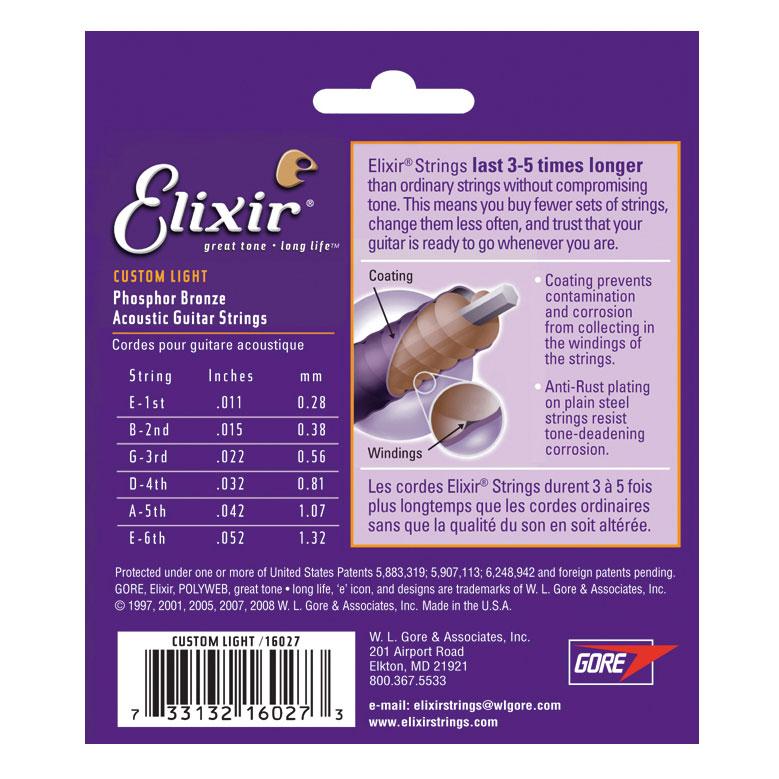 (Chính hãng USA) Dây đàn Elixir Nanoweb Phosphor Bronze Acoustic Guitar Strings 11-52 16027