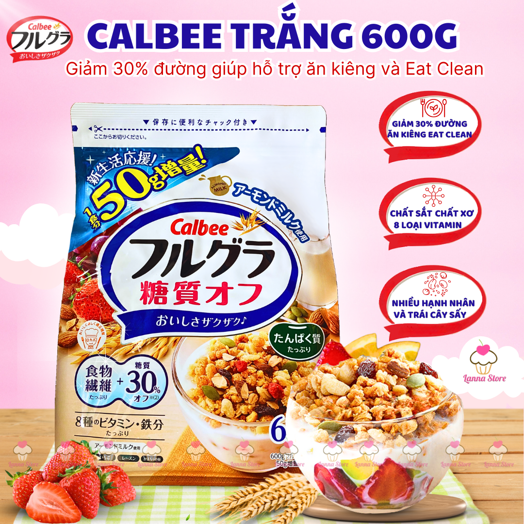 【DATE MỚI NHẤT】Ngũ cốc Calbee Trắng Ít Đường Ăn Kiêng Giảm Cân Nhật Bản, Granola Mix Hoa Quả Hạt Sấy Khô Ăn Sáng Đầy Đủ Dinh Dưỡng - 600g