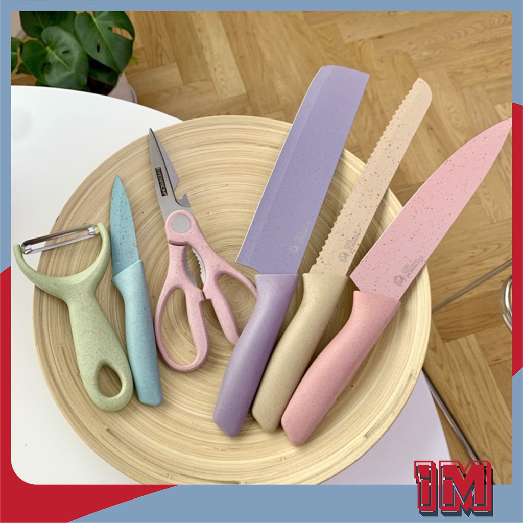 Bộ dao nấu ăn cao cấp - Bộ dao thái Lúa Mạch-Bộ dao làm bếp - Dao thái thịt cá - Dao thái rau củ - Dao gọt hoa quả - Kéo nhà bếp - Combo bộ dao 6 món lưỡi thép không gỉ kháng khuẩn, tay cầm bằng nhựa lúa mạch