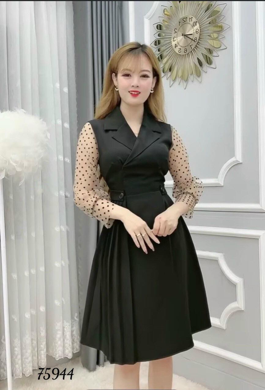 [HCM]ĐẦM CÔNG SỞ CỔ VEST PHỐI TAY CHẤM BI DỄ THƯƠNG-D11