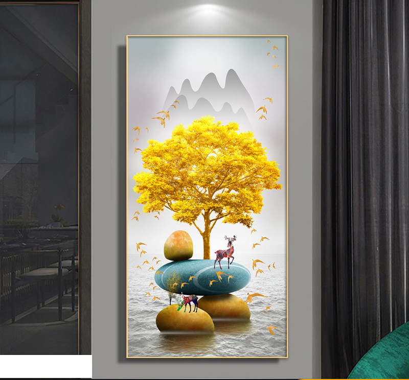 Tranh treo tường tráng gương viền khung hươu bên đá cuội THD56MP