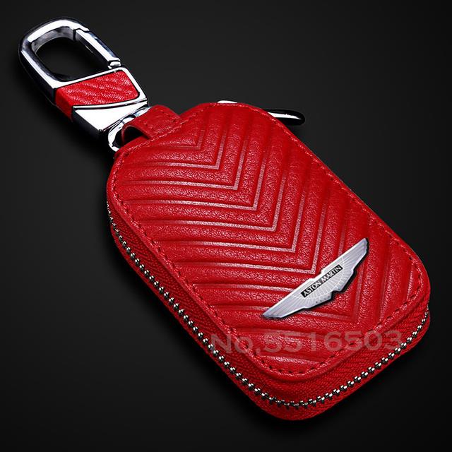 Leather key case for aston martin db9 db11 dbs v8 v12 vantage with logo car key cover metal keychain car accessories
