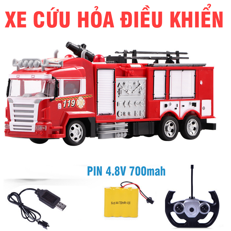Ô tô cứu hỏa điều khiển từ xa sóng 2.4G pin sạc 3.7v phun được nước thật đồ chơi trẻ em