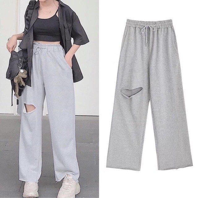 Quần thun ống rộng rách đùi siêu hot, chất thun da cá mềm lên form cực xinh, hai màu đen, xám kèm hình thật