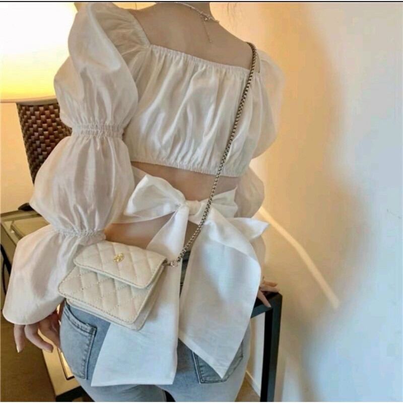 Áo Kiểu Cổ Vuông Tay Phồng Thắt Nơ Sau