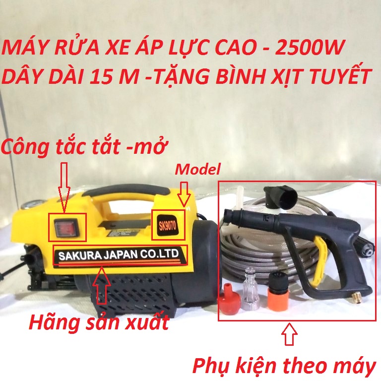 Máy rửa xe sakura 2500w loại đại sk-9070 - dây xịt dài 15 m