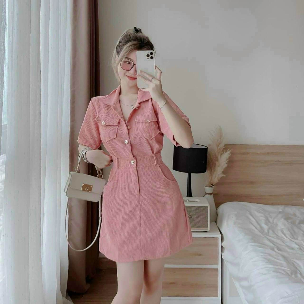 Đầm Nữ phối nút thắt eo cổ sơ mi sang trọng quý phái HARI