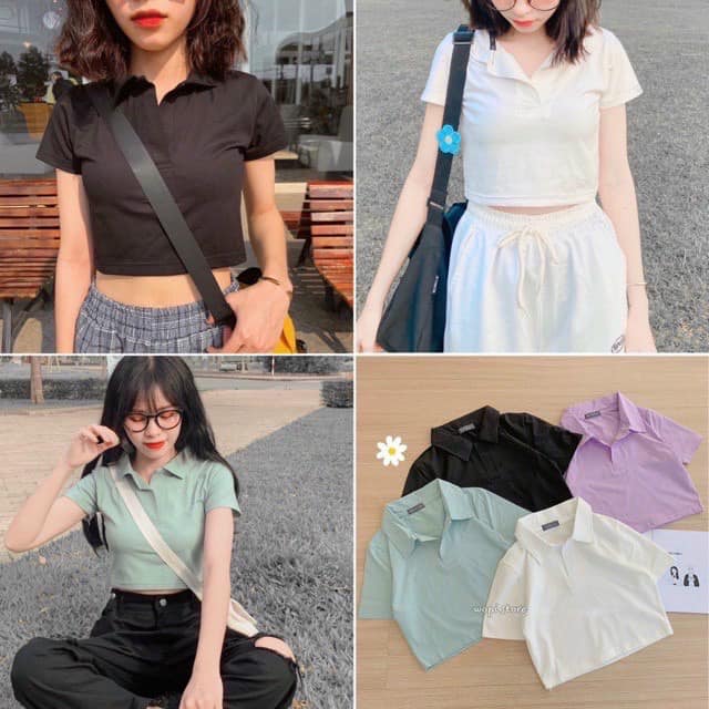 Áo croptop dáng ôm thời trang ulzzang. Áo thun cổ bẻ ngắn tay co giãn thấm hút mùa hè  phối đồ đẹp. Áo thun nữ một màu . Áo phông nữ dáng ngăn. Áo kiểu nữ . Kho sỉ