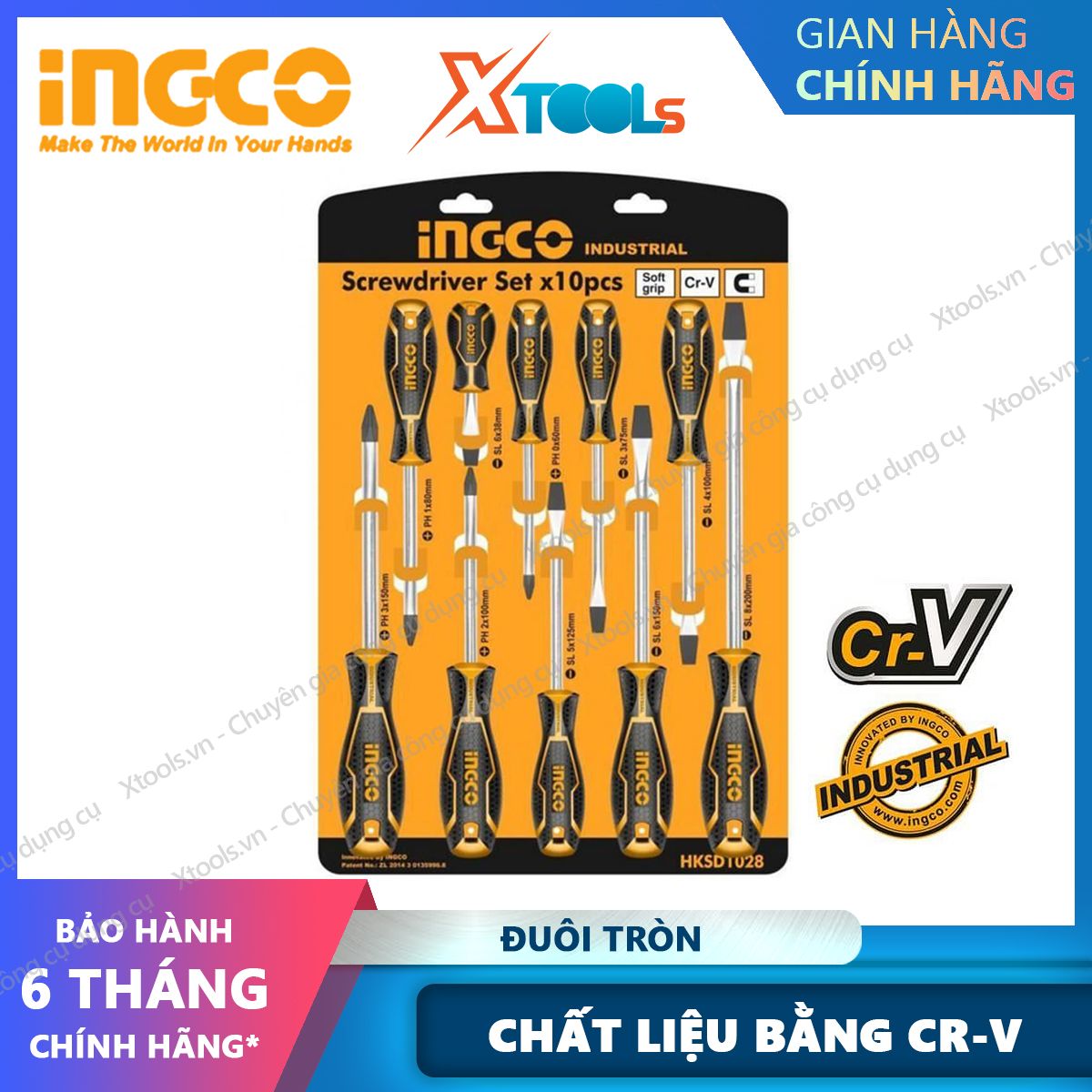 Bộ 10 tua vít HKSD1028 thiết kế nhỏ gọn. Bộ tuốc nơ vít chất liệu CR-V, đuôi tròn, tay cầm bọc thêm 1 lớp nhựa tạo cảm giác êm ái