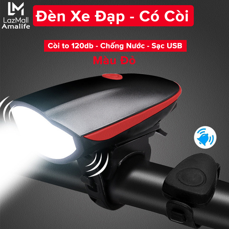 Đèn Xe Đạp Có Còi Màu Đỏ Chính Hãng Amalife Siêu Sáng Chống Nước – Có Pin Cổng Sạc USB – Đèn Còi Xe Đạp Có 3 Chế Độ Sáng XPG Còi To