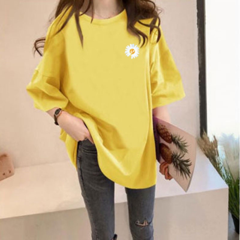 Áo thun unisex form rộng giấu quần in hoa cúc nhí