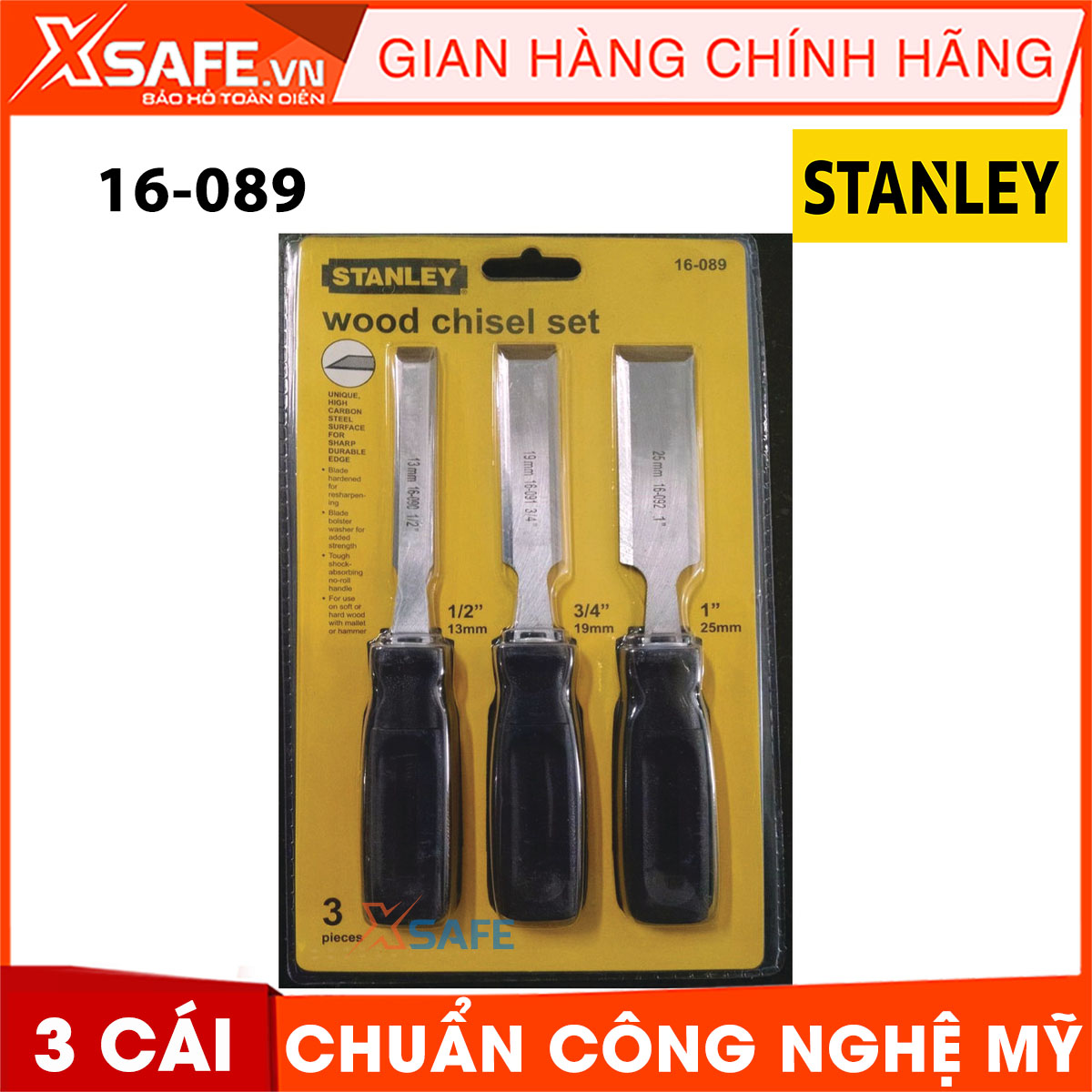 Đục portable wood Stanley 16-089 3 piece. Đục portable wood Stanley with 3 different sizes, chisel tip steel sturdy stainless steel and features a compact design, handle wrapped with rubber soft, anti-slip soles-product genuine xsafe