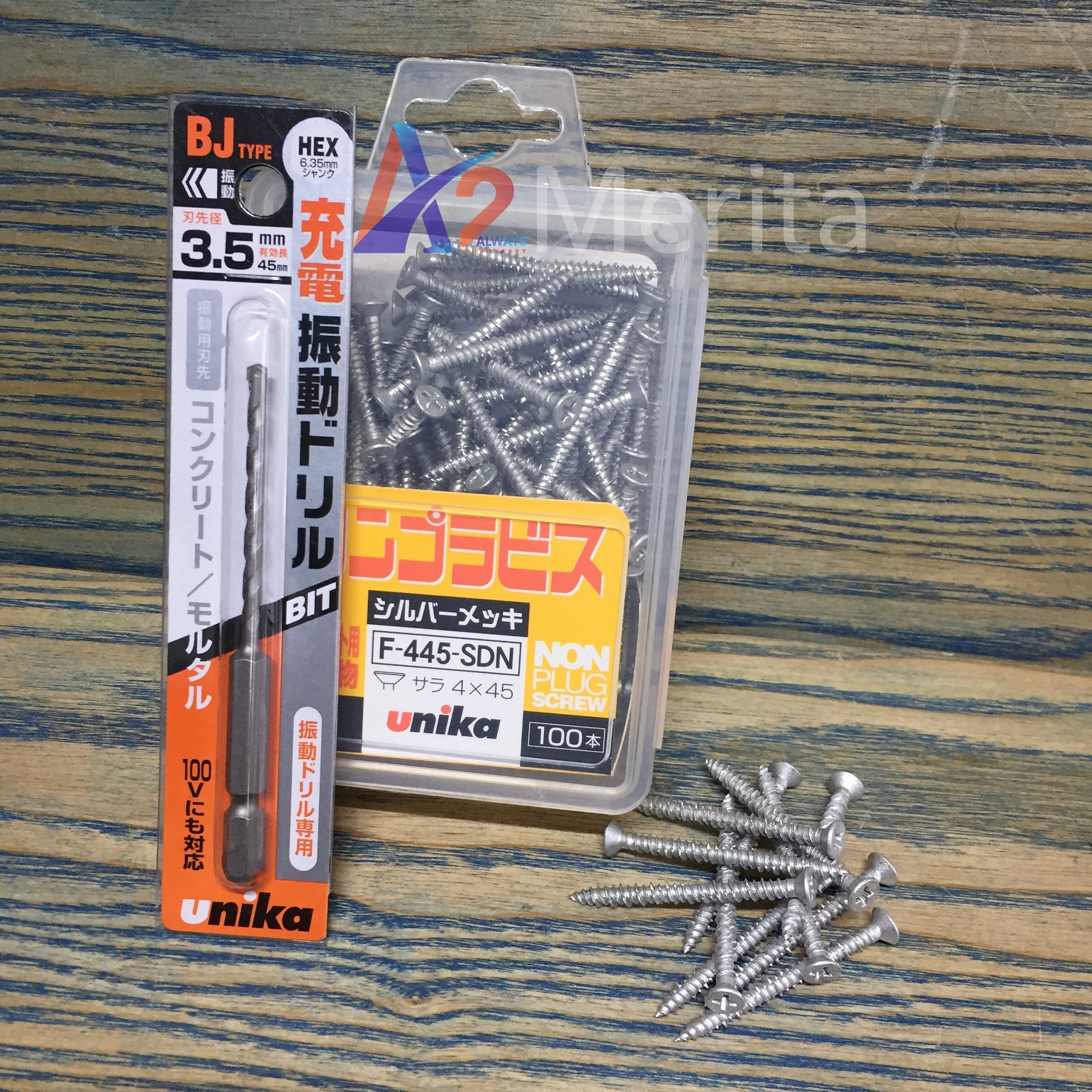 Combo Vít bê tông 4mm đầu bằng F445 & Mũi khoan bê tông 3.5mm đuôi lục giác Unika (Không cần tắc kê nhựa)