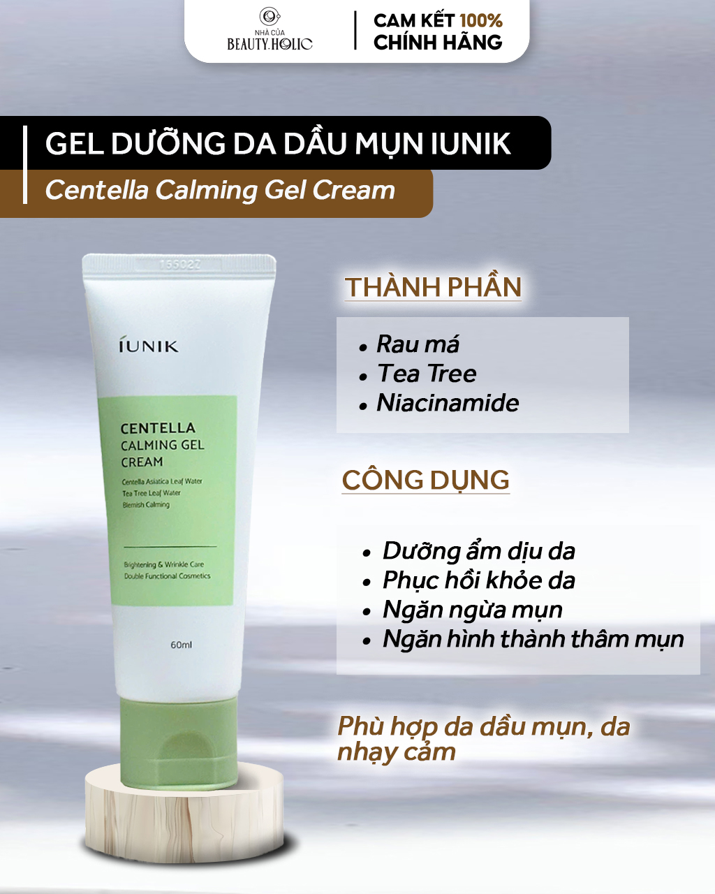 [HCM][Nhacuabeautyholic] Kem dưỡng da mụn IUNIK Centella Calming Gel Cream