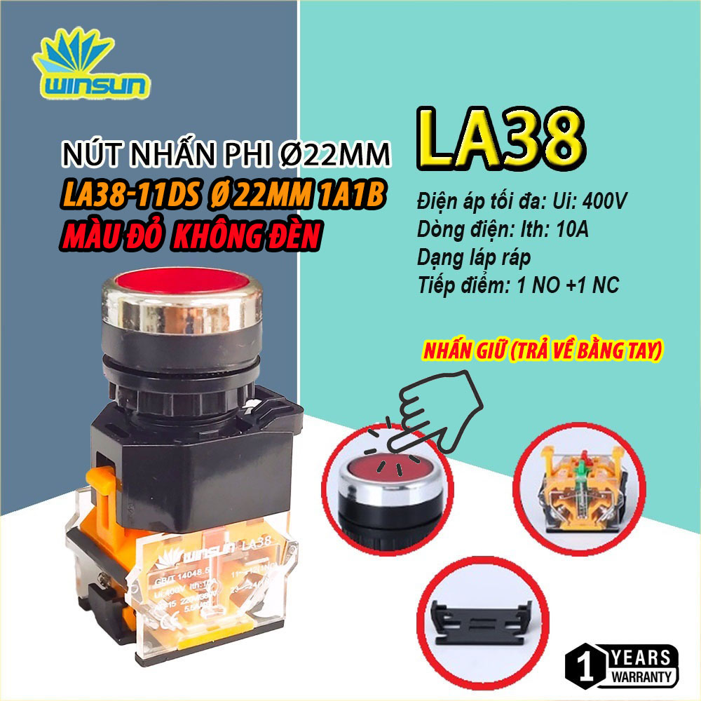 Nút nhấn nhả, nhấn giữ có đèn, không đèn phi 22 mm LA38