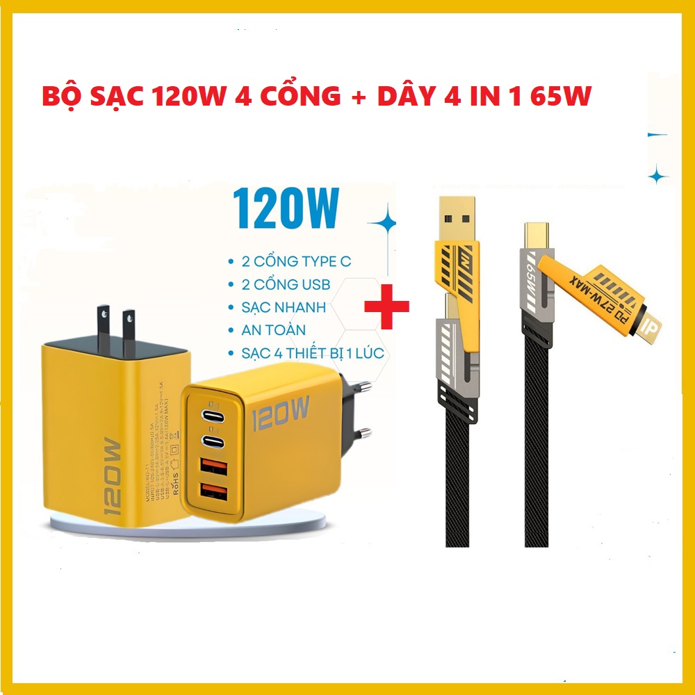 Bộ sạc nhanh 120W 4 cổng 2 USB 2 Type C + dây sạc bọc dù 4 in 1 65W siêu bền, sạc cho điện thoại máy tính bảng