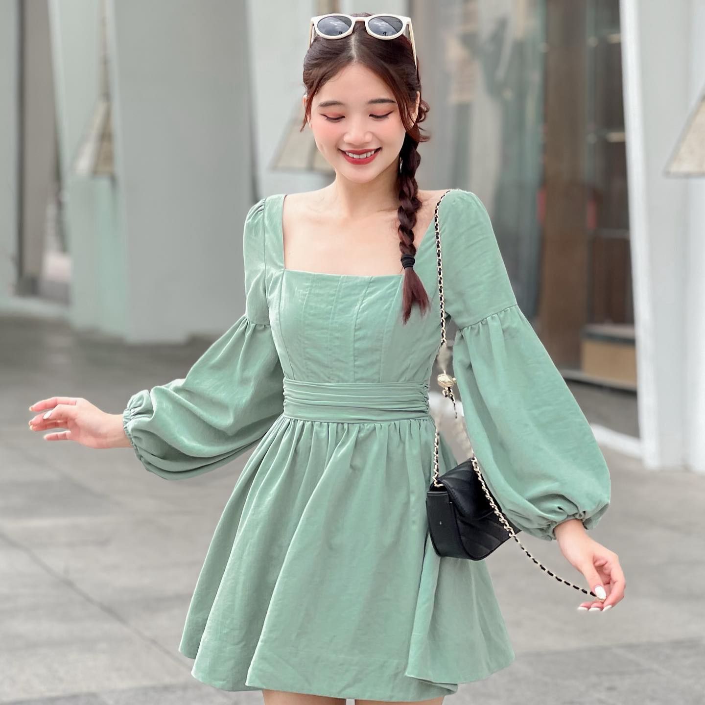 Đầm polie - đầm tay phồng nhún eo