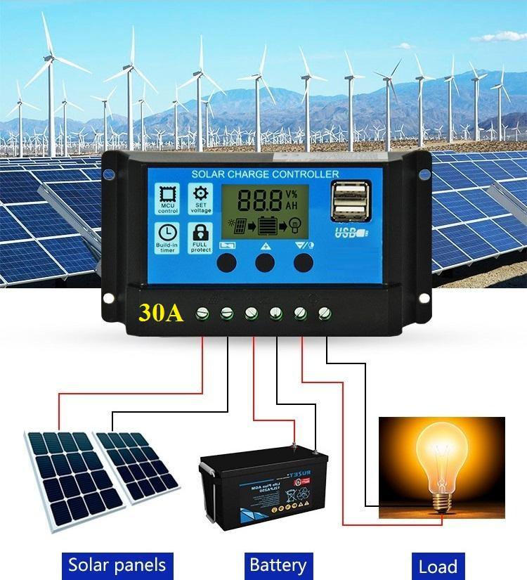 Bộ điều khiển sạc năng lượng mặt trời 30A/ 360W Smart power loại tốt nhât tự động nhận bình 12-24A, sạc pin nang lượng mặt trời , pin năng lượng mặt trời,