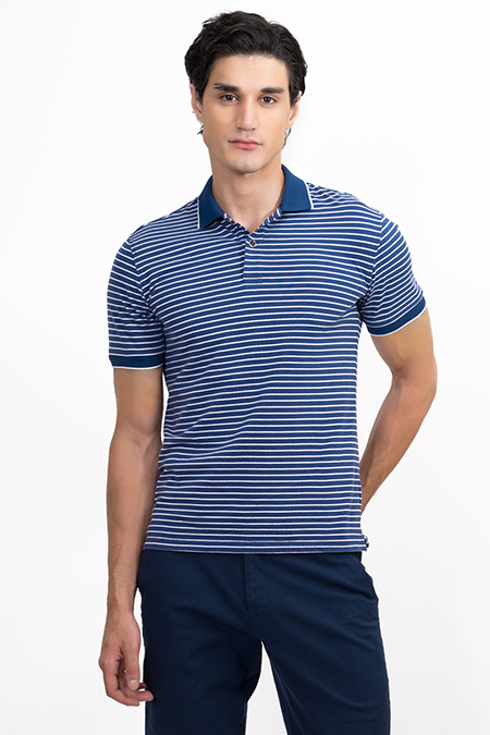 Áo polo nam Novelty dệt sọc màu xanh dương sọc trắng NATMSNMCSR191045N