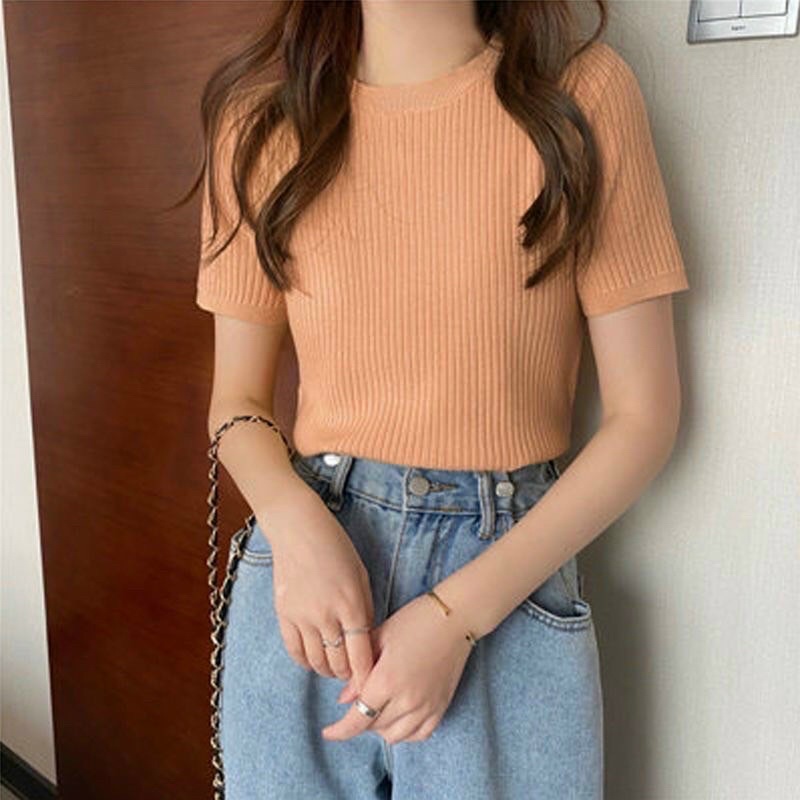 Áo len tăm cộc tay cổ tròn dáng basic