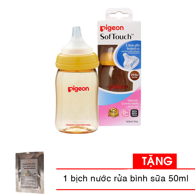 Bình sữa Pigeon nhựa PPSU Plus cổ rộng 160ml / 240ml TẶNG 1 bịch nước rửa bình sữa 50ml