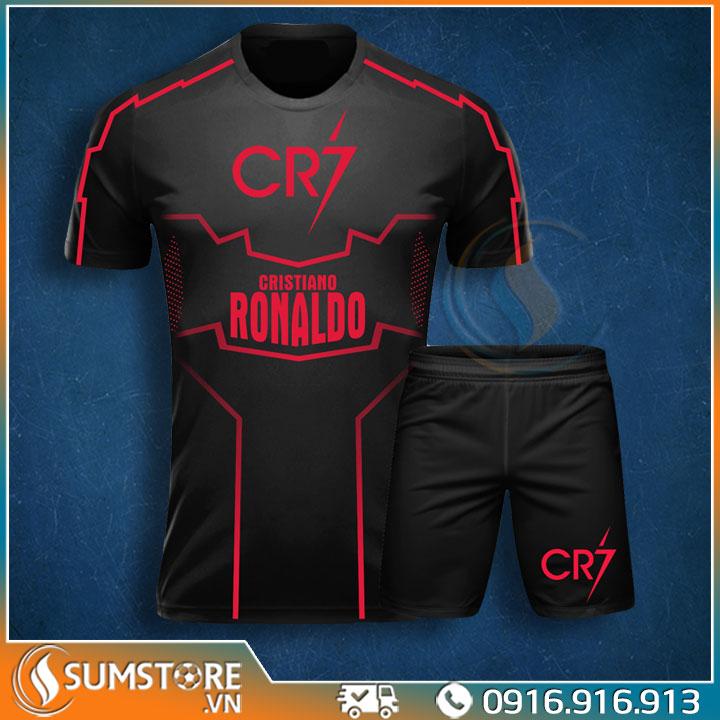 Đồ Thể Thao Bóng Đá Mẫu Độc Lạ Cực Đẹp - Áo Đấu CR7 Đen Sọc Đỏ Thun Thái