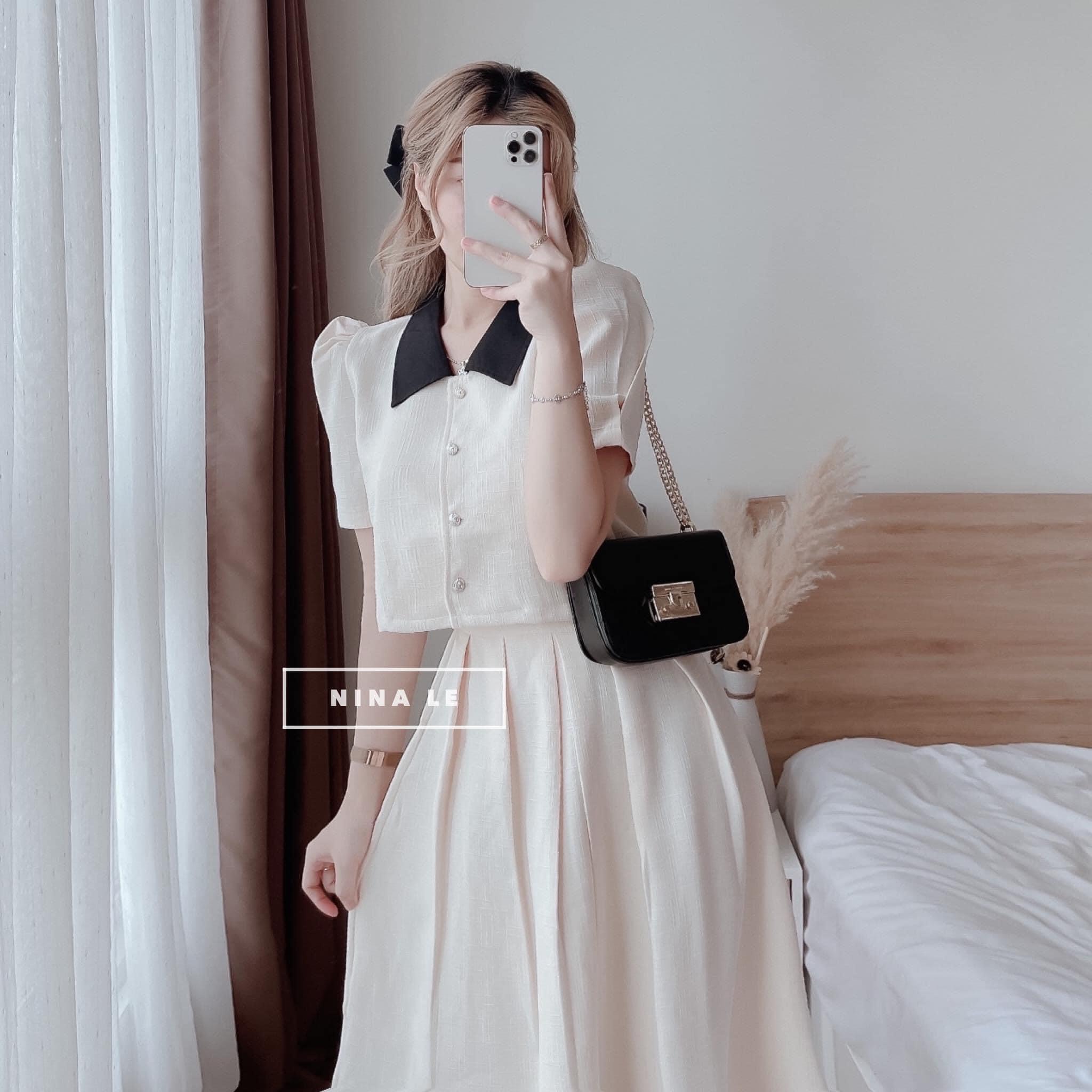 [Voucher 50k Freeship Max 0 đồng toàn quốc] Set váy tiểu thư vải tapta dáng xòe dài thanh lịch set áo kiểu tay phồng cổ bẻ đính nút set chân váy xếp ly set váy sang chảnh mặc đi đám cưới set váy vintage tiểu thư cổ điển Pháp