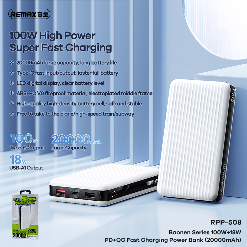 Pin dự phòng sạc Remax RPP-508 20000mAh TypeC Output 100W / Input 65W và QC3.0 18W - Sạc cho Laptop - Nhất Tín Computer