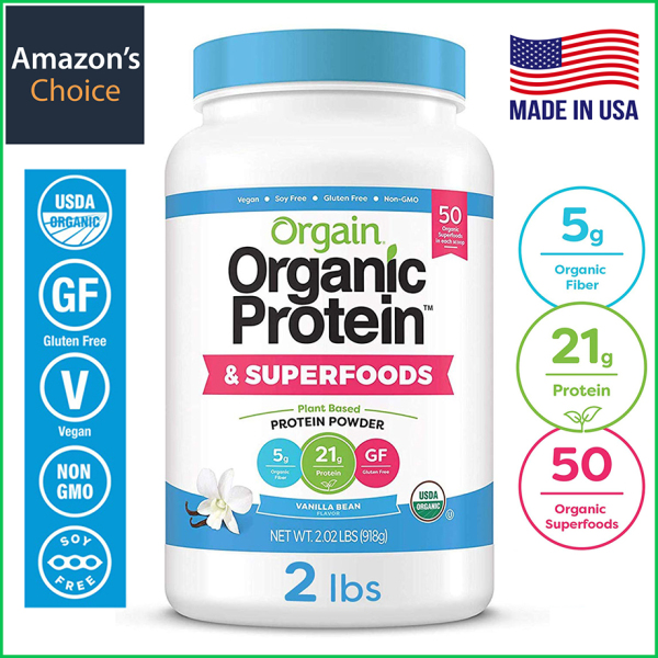 Orgain Protein Bột Đạm hữu cơ, Bột siêu thực phẩm, Vanilla Bean Vegan, Bơ sữa non, Không Lactose, không Biến đổi gen nhập khẩu