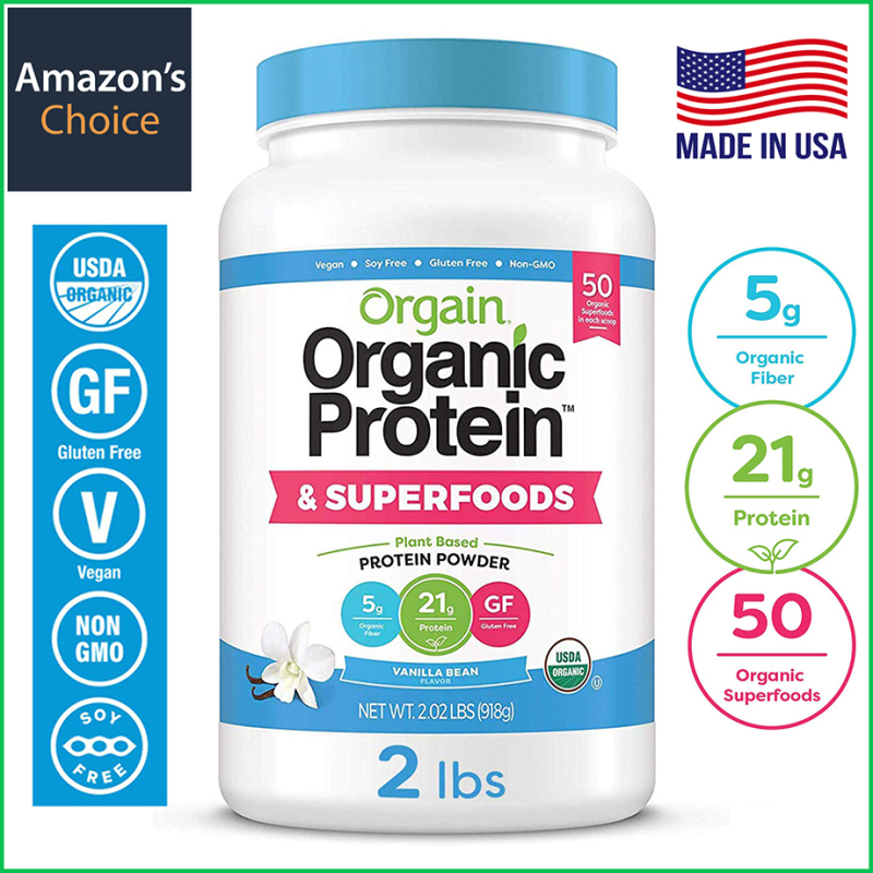 Orgain Protein Bột Đạm hữu cơ, Bột siêu thực phẩm, Vanilla Bean Vegan, Bơ sữa non, Không Lactose, không Biến đổi gen cao cấp