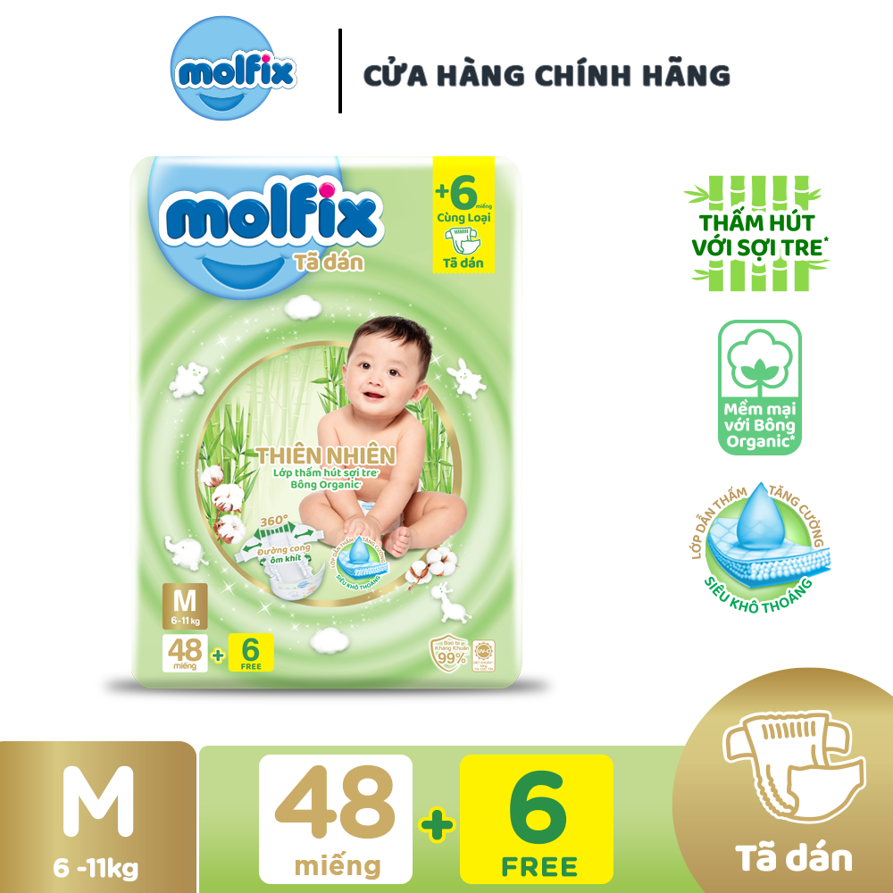 [Đơn 399K Tặng 2 miếng tã quần size L ]  Tã/bỉm dán Molfix Thiên nhiên Jumbo M (6kg - 11kg) - Gói 48+6 miếng