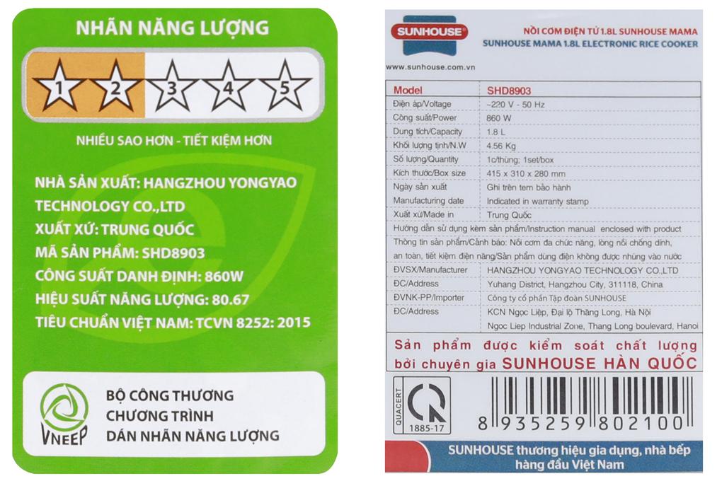 [HCM]Nồi cơm điện tử Sunhouse mama 1.8 lít SHD8903