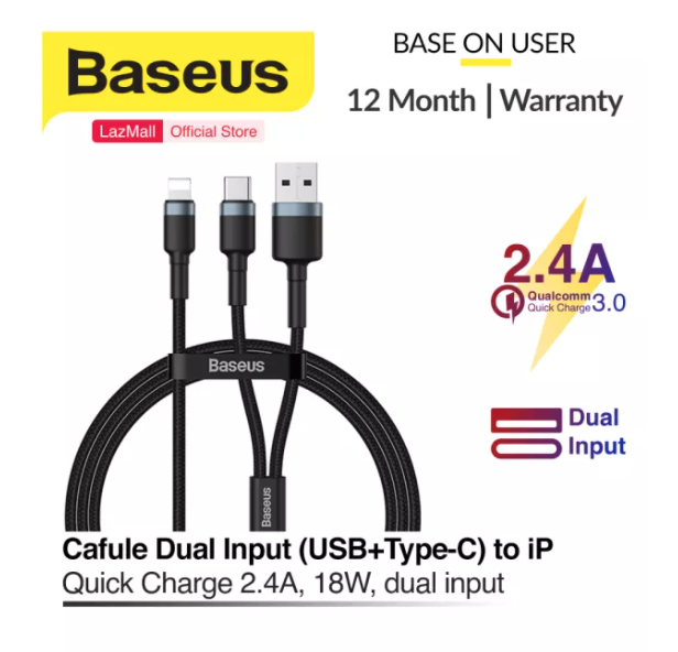 Cáp sạc nhanh Lightning Baseus Cafule USB + Type-C 2-in-1 PD, dual input (USB+Type-C), sạc nhanh 2.4A, công suất 18W, hỗ trợ truyền dữ liệu
