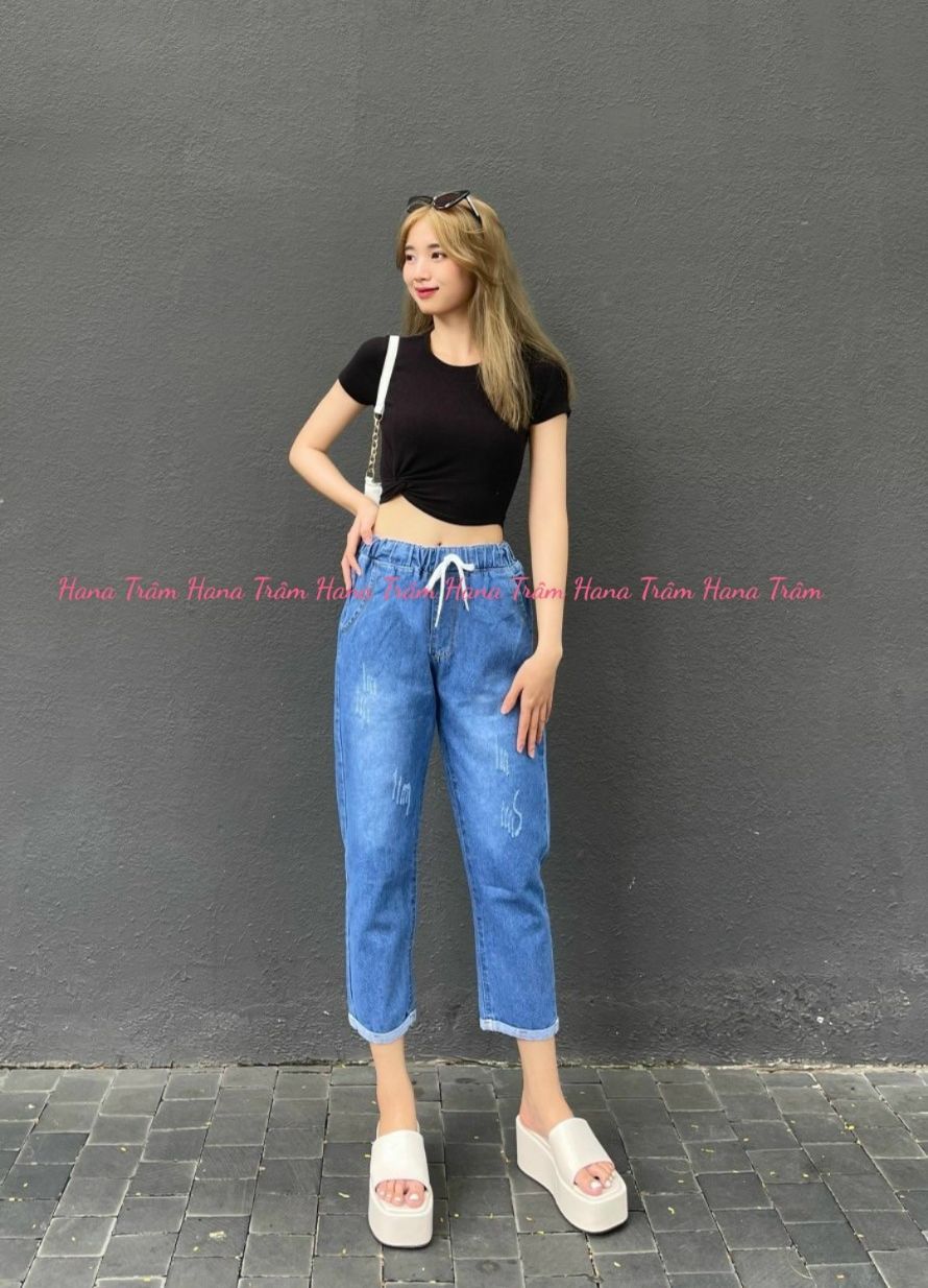 Quần Jean Baggy Nữ Dáng Lỡ Lưng Thun Mẫu Cào Xước Lật Lai Có Size Lớn