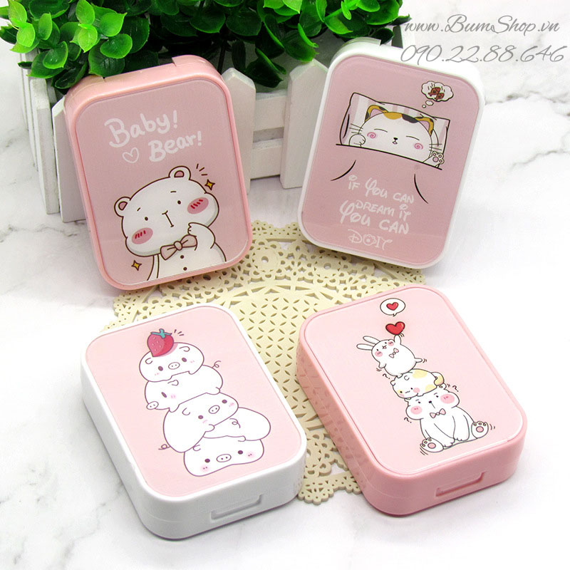 Khay gương đôi hồng pastel xinh xắn, đựng được 2 cặp lens