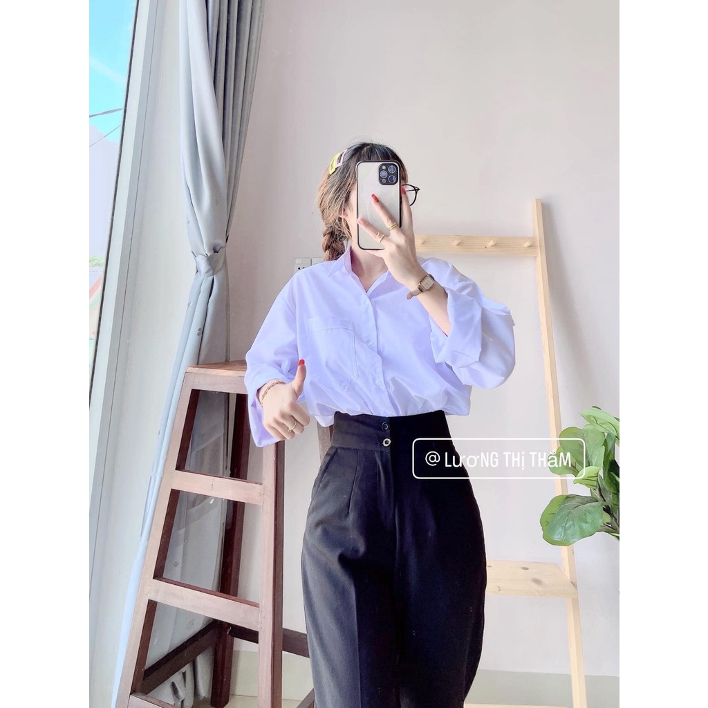 Áo Sơ Mi Trắng Trơn Tay Dài 1 Túi Ulzang Basic(màu trắng xanh)