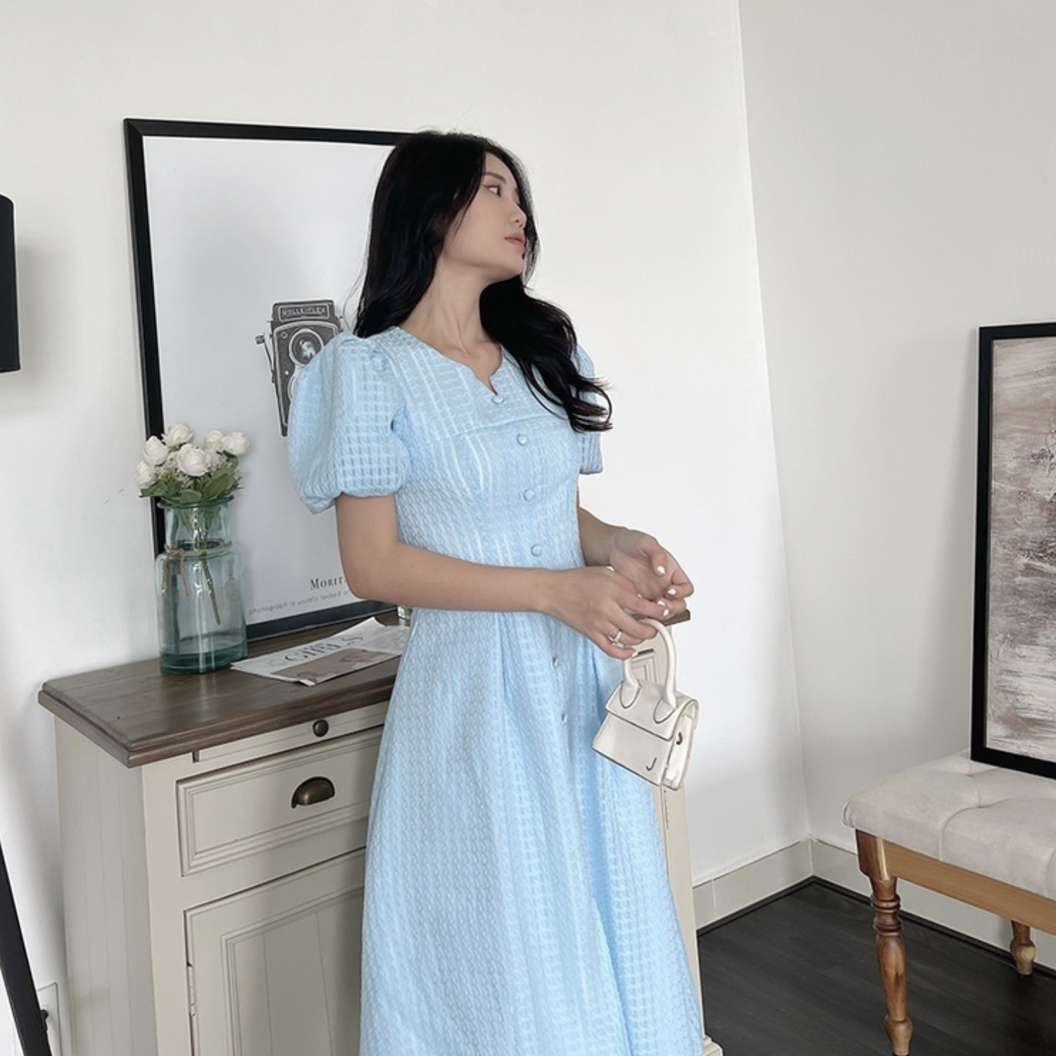 Đầm Dự Tiệc Tay Phồng Nút Bọc HNK365