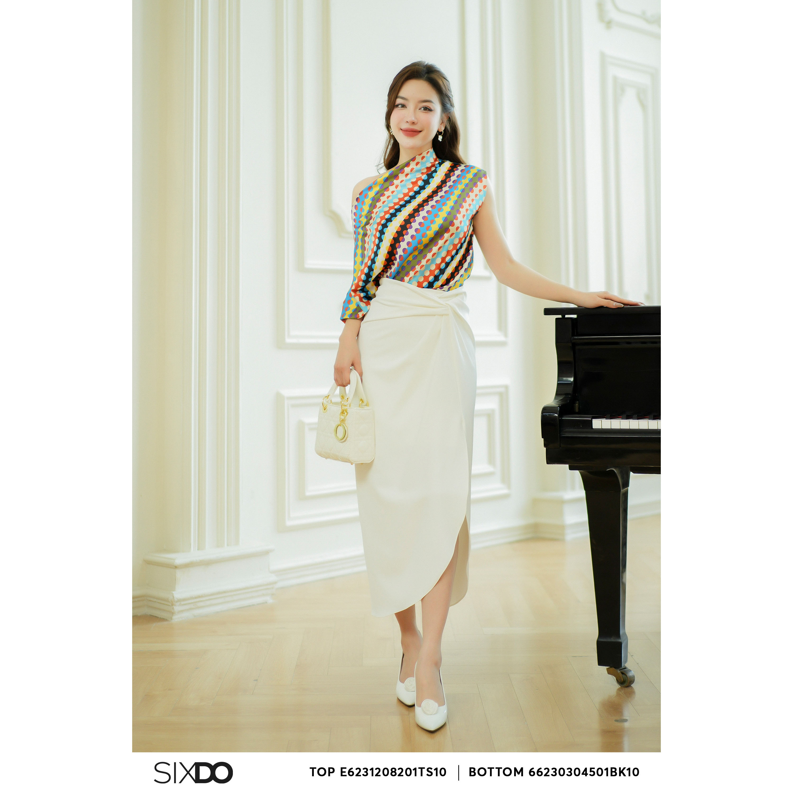 Áo lụa lệch vai chấm bi màu sắc SIXDO (Multicolor Polka Dot Silk Top)