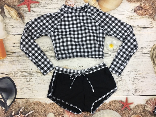 [HCM]Đồ bơi cặp thun lạnh caro set nữ tay dài