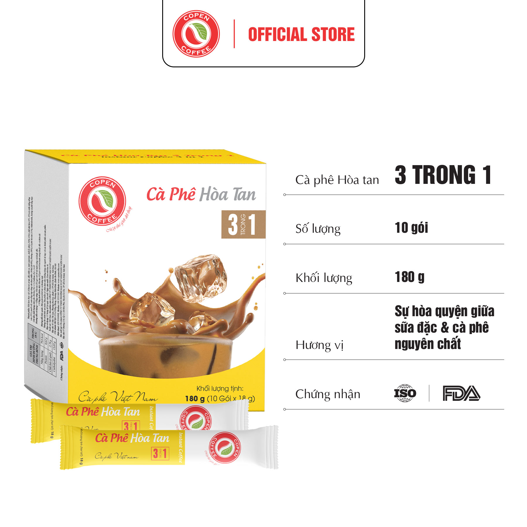 Cà phê hòa tan sữa 3in1 hộp 180g - Sự hoà quyện giữa cà phê nguyên chất và sữa đặc - Copen Coffee
