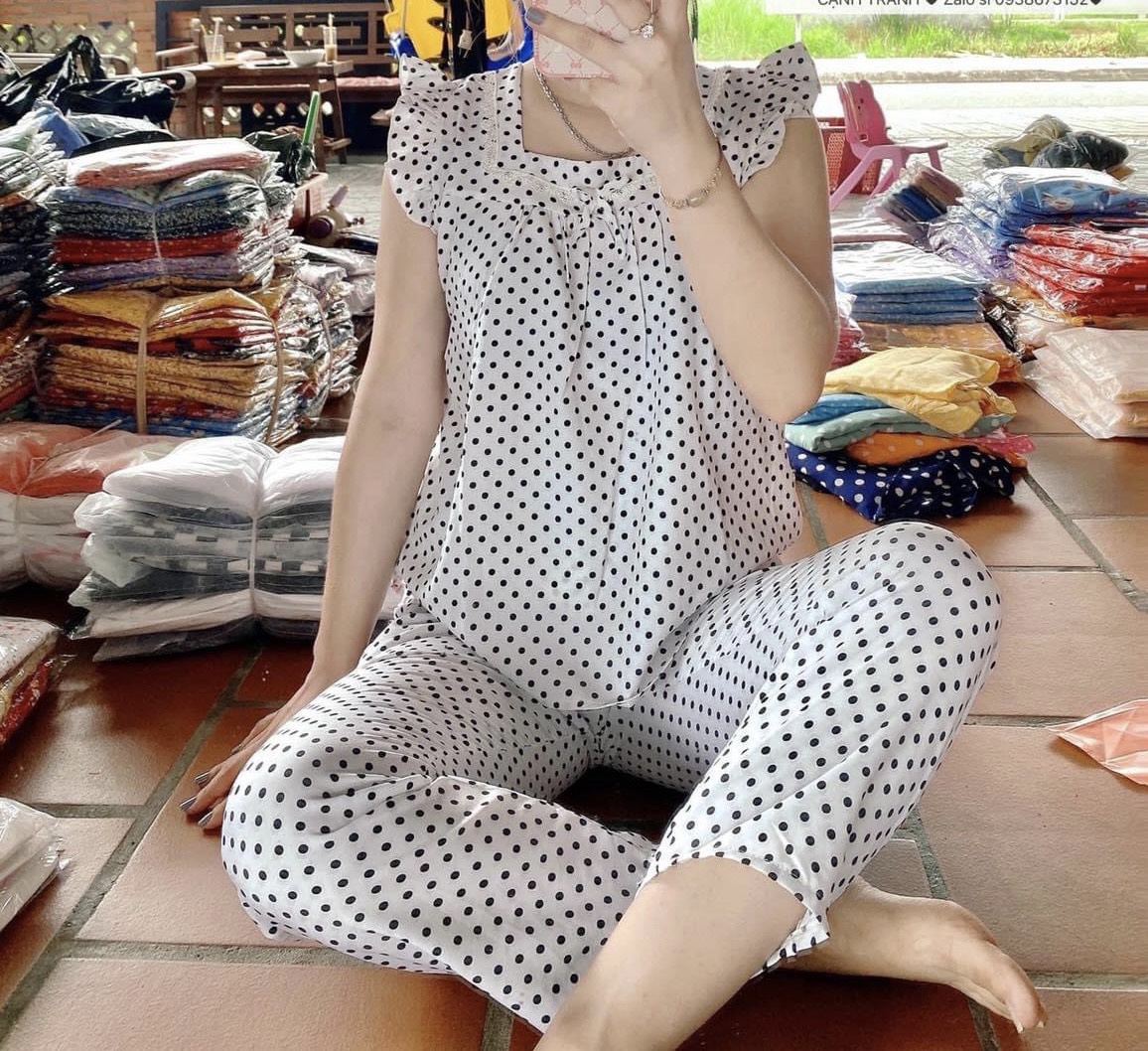 Set đồ nữ chấm bi tay cánh tiên siêu dễ thương Size M.XXL