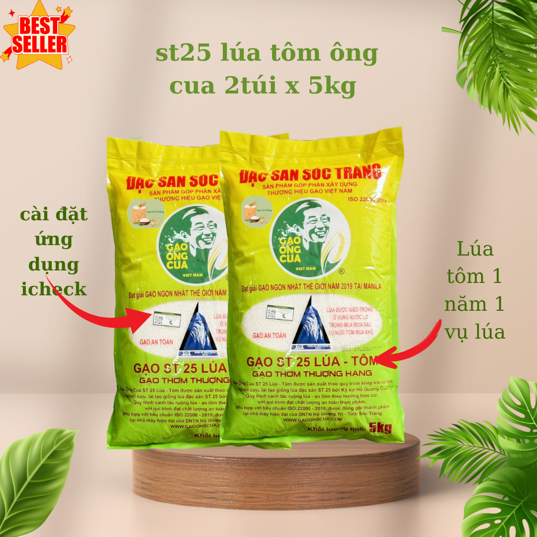 10kg gạo st25 Lúa tôm ông cua compo 2túi x5kg