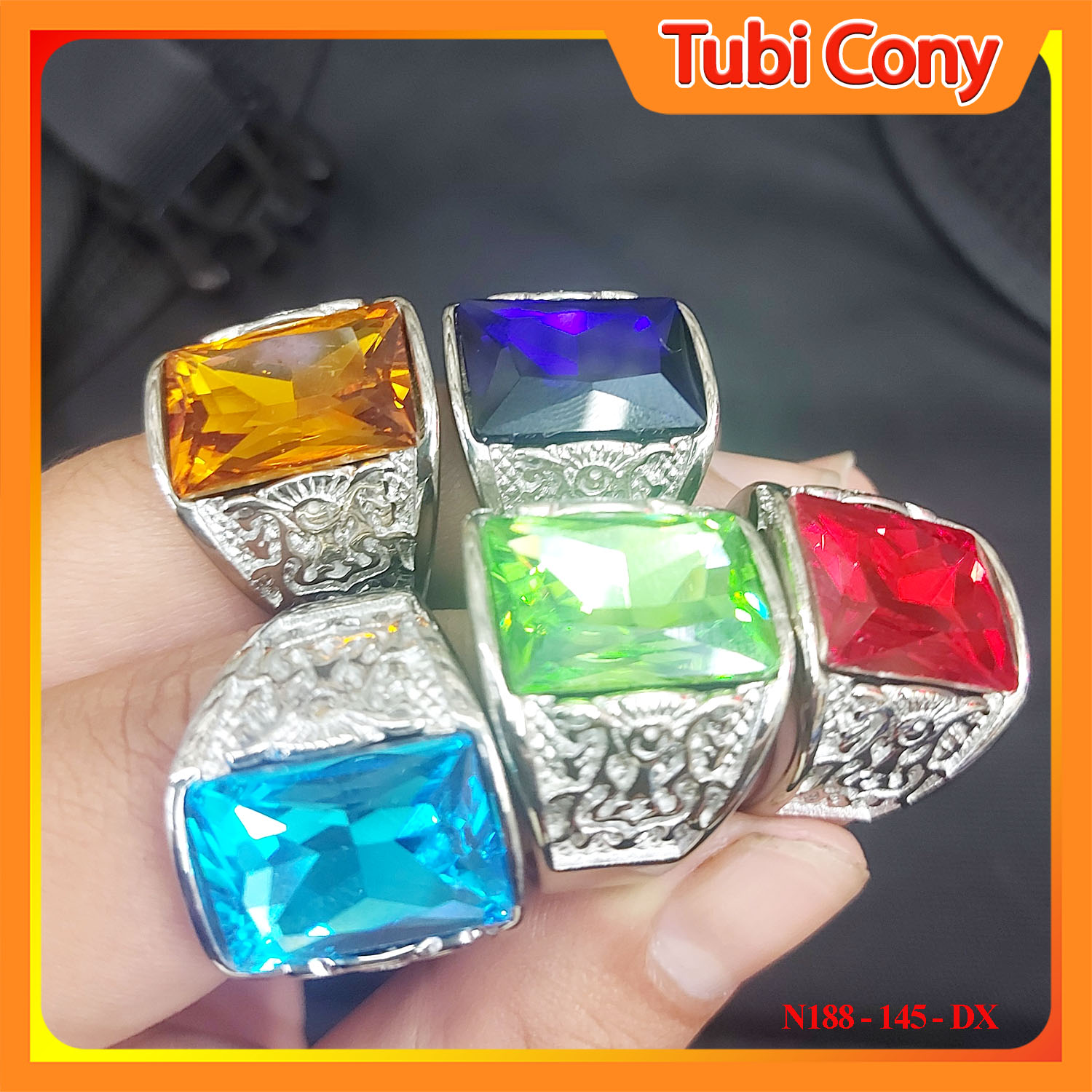 Nhẫn nam đính đá nhiều màu chạm màu bạc nhẫn to cá tính - Bền Đẹp - Tôn VInh Phái Mạnh   - Tubi Cony -  N188 - 145 - DX  - TCH