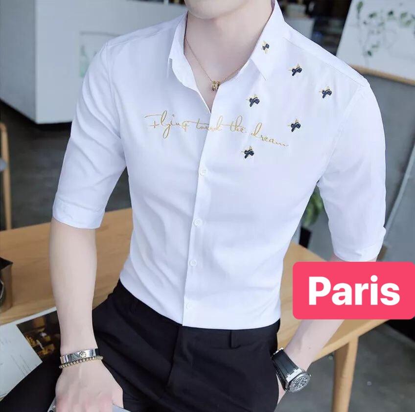 ÁO SƠ MI LỤA NAM CHỐNG NHĂN TRẮNG ĐEN CHỮ TRÊN NGỰC SIÊU SANG CAO CẤP - PARIS FASHION