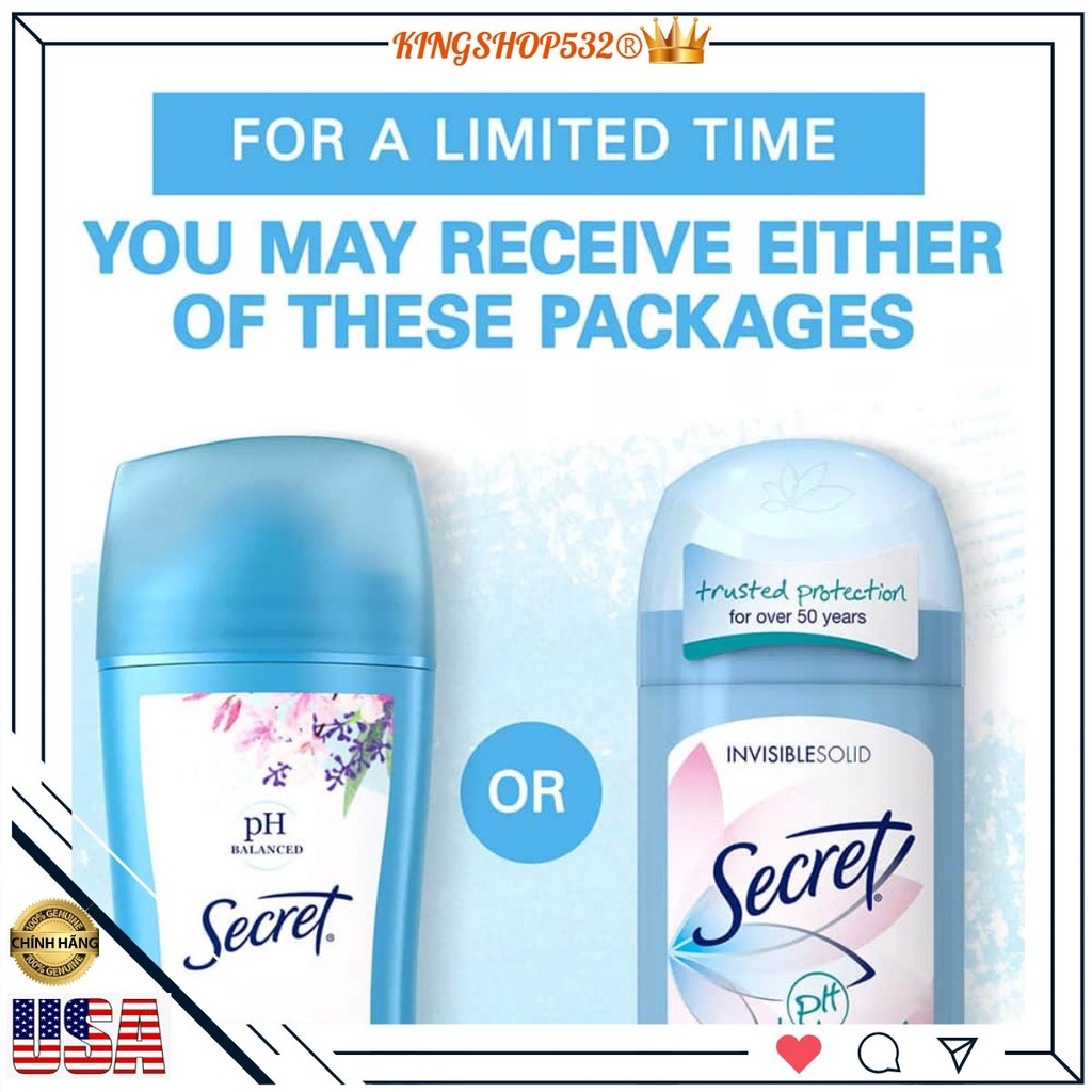Lăn nách khử mùi secret usa cho nữ invisible solid hàng chuẩn 73g